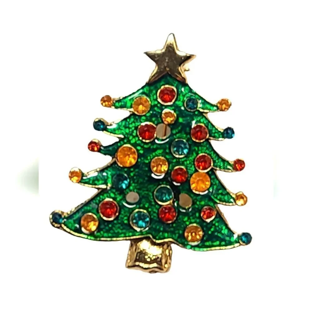Christmas Pin Brooch tree rhinestones